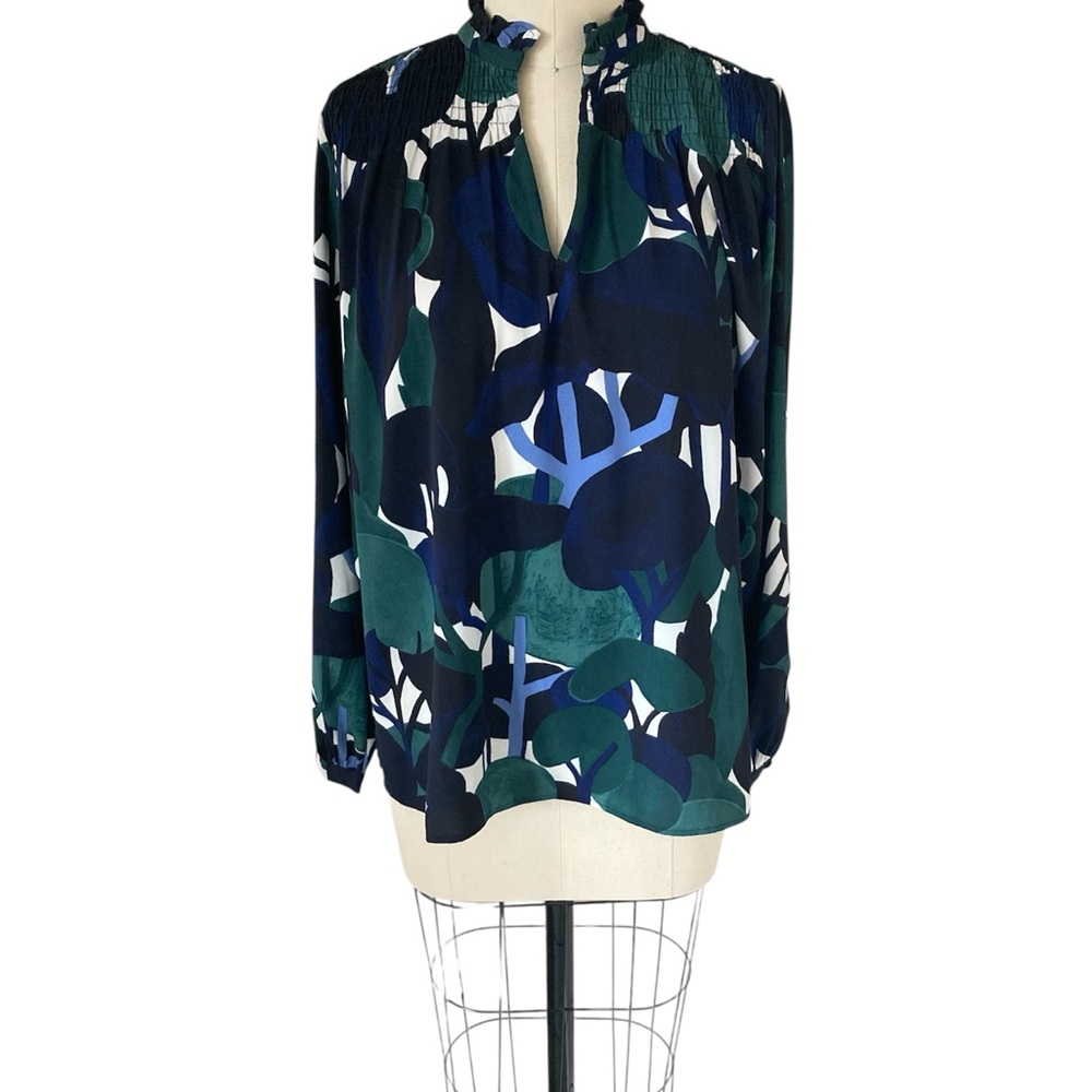 Ann Taylor Floral Blue and Green Long Sleeve Smocked Tunic, Sz XS